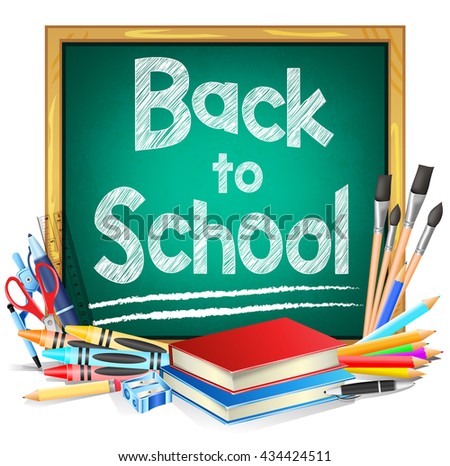 Green Chalkboard with Back to School Text and School Supplies Isolated in White Background. Vector Illustration
