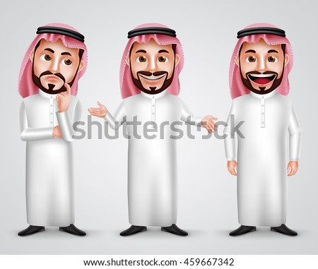 Saudi arab man vector character set wearing thobe and gutra with different friendly gesture like thinking, speaking and presenting. Vector illustration.
