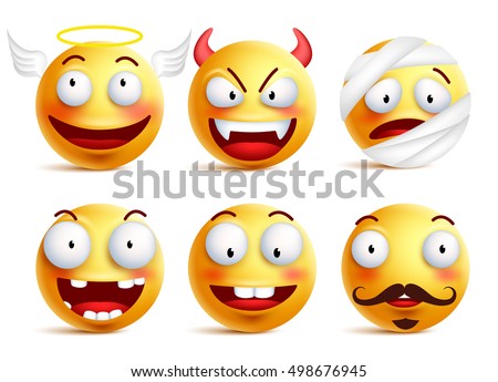 Set of vector smileys with funny faces like angel, demon, patient, injured and toothless smiley isolated in white background. Vector illustration.
