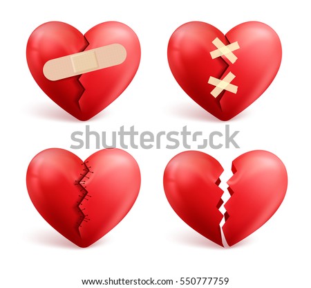 Broken hearts vector set of 3d realistic icons and symbols in red color with wound, patches, stitches and bandages isolated in white background. Vector illustration.
 Stockfoto © 