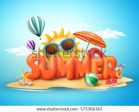 Summer vector banner design concept of 3d text in beach island with summer elements and balloons in blue sky background. Vector illustration.