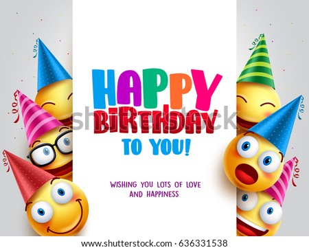 Happy birthday vector design with smileys wearing birthday hat in white empty space for message and text for party and celebration. Vector illustration.
