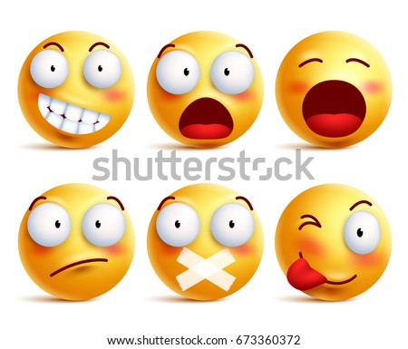 Smileys vector set. Smiley face icons or emoticons with facial expressions and emotions in yellow color isolated in white background. Vector illustration.