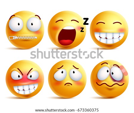 Smileys vector set. Yellow smiley face or emoticons with facial expressions and emotions like happy, zipped, sleepy and beaten isolated in white background. Vector illustration.