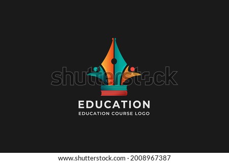 Education Logo Design concept.pen Icon isolated circle with people joy silhouette on white background. usable logo for education. online course. home schooling logo design template illustration