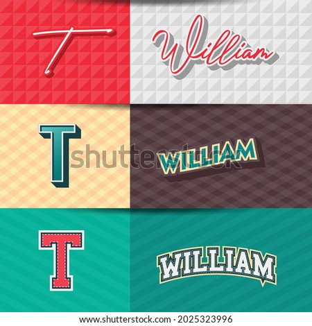,Male name,William in various Retro graphic design elements, set of vector Retro Typography graphic design illustration
