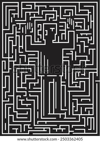 Black and white vector maze pattern, geometric puzzle challenge for lost soul seeking exit