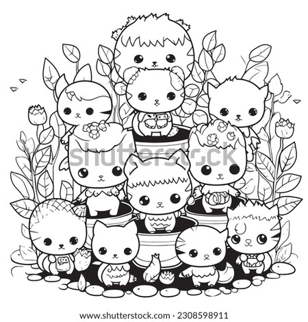 kawaii cats in a whimsical garden with plants that grow giant sized , Black and white coloring pages for kids, pixar, simple lines, vector style