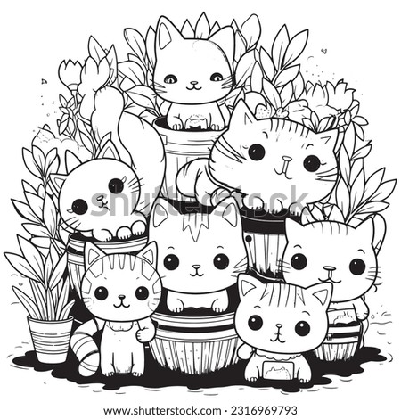 kawaii cats in a whimsical garden with plants that grow giant sized , Black and white coloring pages for kids, pixar, simple lines, vector style