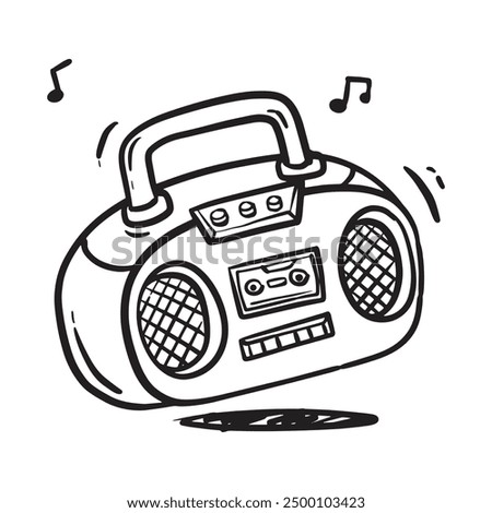 Hand-drawn black-and-white doodle art of a retro boombox with musical notes, capturing a fun and nostalgic vibe.