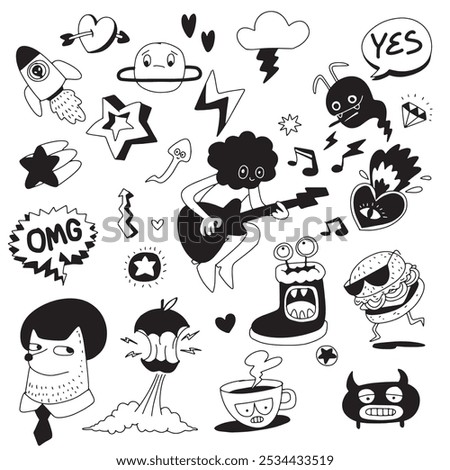 A hand drawn doodle featuring quirky characters, musical elements, and playful objects like planets, guitars, and burgers in a fun and whimsical style