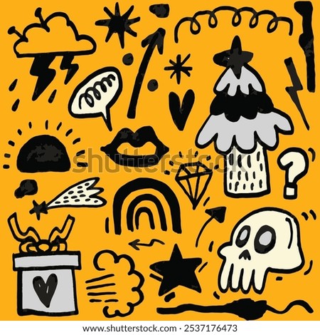 Bold hand drawn doodles featuring symbols like skulls, lightning, stars, clouds, arrows, and diamonds on a vibrant yellow background.