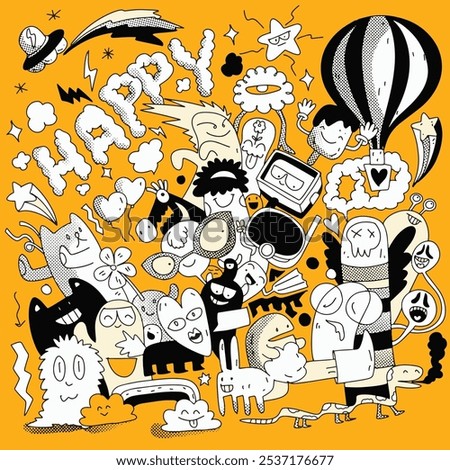 Lively hand drawn doodles filled with happy characters, quirky expressions, and playful elements like hearts, stars, and animals on a yellow background