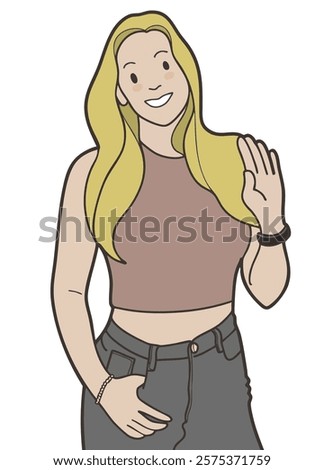 A Friendly girl waving with long blonde hair, wearing crop top and jeans