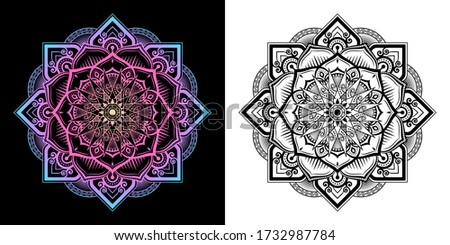 Mandala pattern mixed in modern Thai art style in 2 type. Left image gradient color is merge, Right image is isolated black on white background. Vector Illustration.