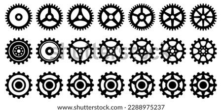 Collection of mechanical cogwheels. 21 small and large gears. Black silhouette sprocket icon design element. White background. Vector illustration.