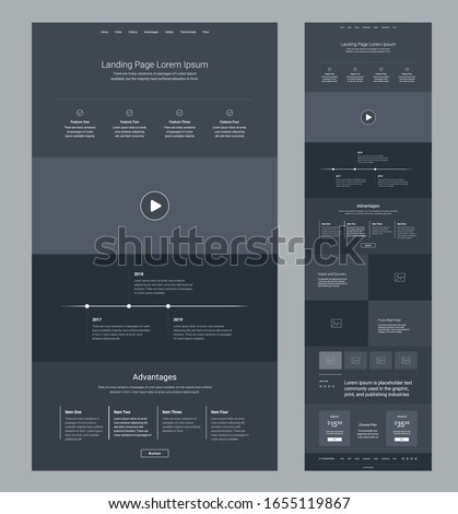 Landing page wireframe dark design for business. One page website layout template. Modern responsive design. UX UI website: features, video, timeline, advantages, articles, testimonials, pricing.