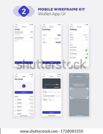 Wireframe UI kit for smartphone. Mobile App UX design. New OS wallet, credit card, finances, currency exchange, add new card, scaning, limits and settings screens.