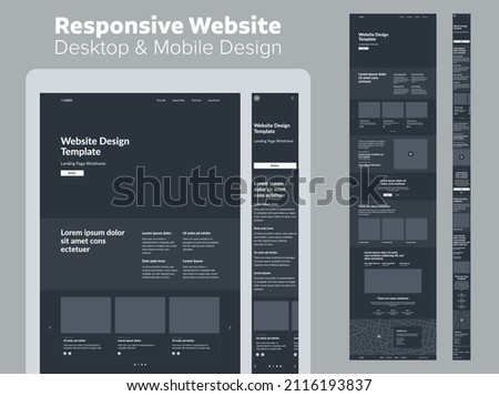 Website dark theme design for business. Desktop and mobile template. Modern responsive design. UX UI site.