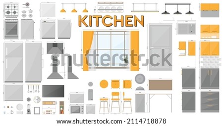 Interior Architectural Kitchen Vector Set with Top, Front and Side Views