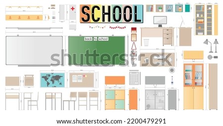 School Classroom Vector Set with Top, Front, Side Views and Elevations of Furniture and Items. For Interior Architectural Plan and Elevation Drawing Usage