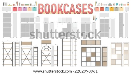 Top and Side Views of Different Bookcases for Plan and Elevation Drawings of Interior Architectural Projects