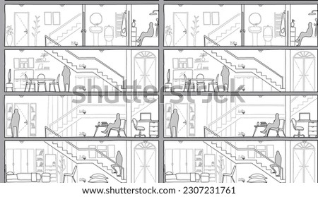 Continuous Seamless Pattern in the Shape of Architectural Section, Technical Sketching of a Simple Apartment Side View. 