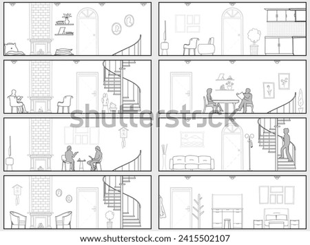 Continuous Seamless Pattern in the Shape of Architectural Section, Technical Sketching of a Simple Apartment Side View.