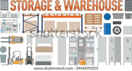 Storage, Warehouse or Garage Interior Design and Furniture Elements for Architectural Drawing Purposes