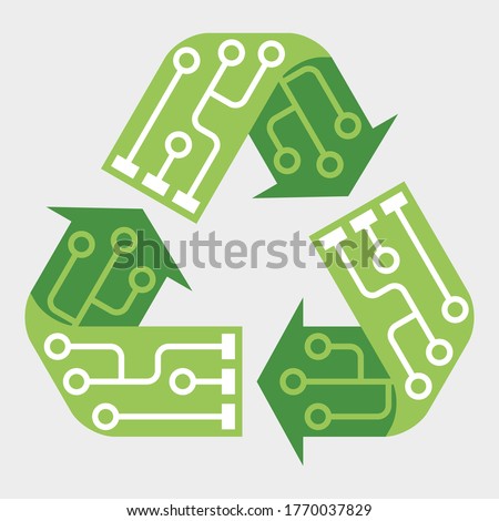 E-waste garbage icon. Old discarded electronic waste to recycling symbol. Ecology concept. Design by recycle sign with circuit lines. Flat colors style vector illustration isolated on grey background