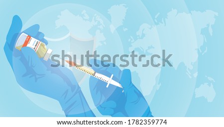 Development and creation of a COVID-19 vaccine.  Design by doctor hands with medical gloves holding  yellow vaccine bottle and syringe. Concept of Vaccines to provention or fight against Coronavirus