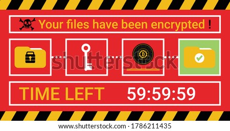 Computer infected by malware ransomware wannacry or maze virus. Cyber attack concept. Hacker encrypted computer folders, files and threatening Bitcoin money payment to unlock. Vector illustration