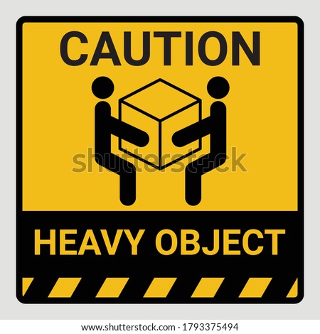 Caution heavy object two persons lift required symbol. Vector illustration of weight warning or beware sign cardboard isolated on gray Background. Label can be use on a box or packaging 商業照片 © 