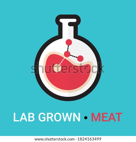 Lab grown meat icon concept. Artificial, synthetic meat is cultured and cultivated in chemistry lab glassware. Modern nourishment and alimentation based on science. Vector logotype element isolated Imagine de stoc © 