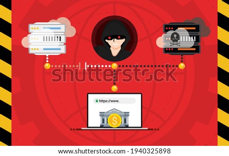 Hacker DNS hijack communication website concept. Robbers steal money from e-Banking, credit cards or online wallet system. Phishing scam, Internet fraud, Cyber attack, Electronic crime concept. Vector