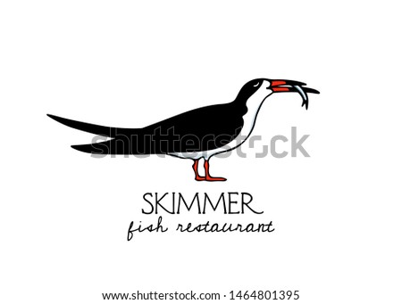 Vector illustration of hand drawn cute black skimmer eating a fish. Fish restaurant logo template. Beautiful animal design elements, ink drawing.