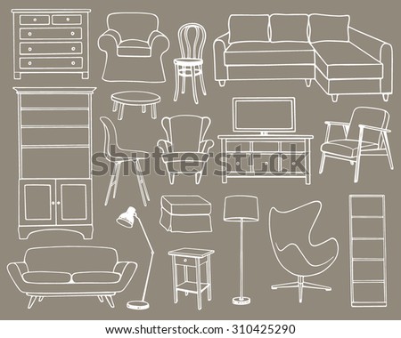 Vector illustration of living room furniture. Hand drawn furniture set made in linear style. Beautiful design elements, perfect for any business related to the furniture industry.