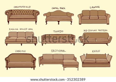 Vector visual guide of sofa design styles. Hand drawn sofa set made in linear style. Beautiful design elements, perfect for any business related to the furniture industry.