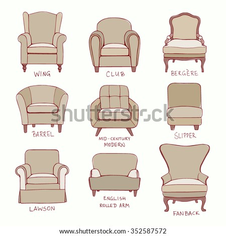 Vector visual guide of accent chair design styles. Hand drawn chair set made in linear style. Beautiful design elements, perfect for any business related to the furniture industry.