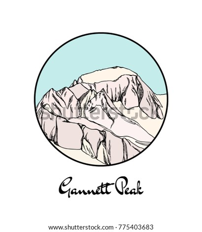 Vector emblem with hand drawn North American Gannett Peak. Ink drawing, graphic style. Perfect for travel, sport or spiritual designs.