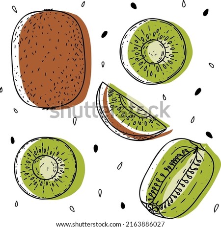 Vector kiwi set: kiwi, slice, half, whole, and leaves. Green and brown abstract hand-drawn citrus collection with black outline isolated on white background.