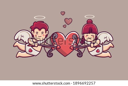 Cute couple cupid boy and girl archery hearts wings. cupid boy and girl character shot heart wings valentine day