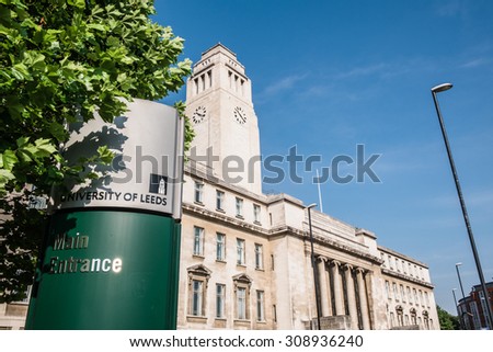 LEEDS, UK - August 2015: Parkinson building, Leeds University \
The University of Leeds is a British Redbrick university.\
In 2016, the university is ranked as number one for marketing course.