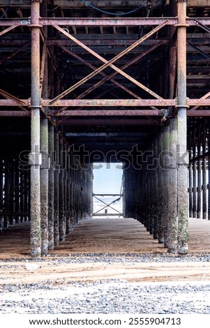 Image, Stock Photo Wooden pier on stilts on lake near mountains