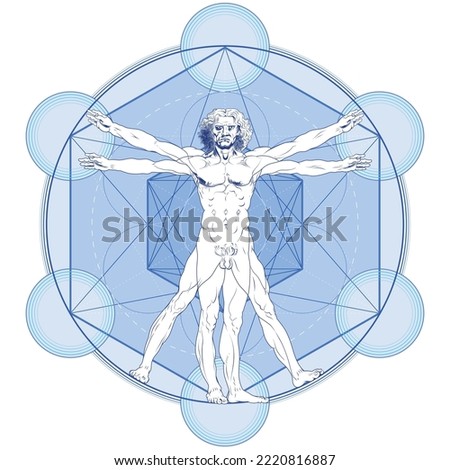 Vitruvian Man vector design with Metatron background