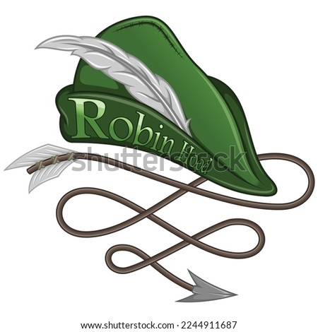 Vector design of Medieval Archer Hat with feathers, illustration of Robin Hood hat with curved arrows