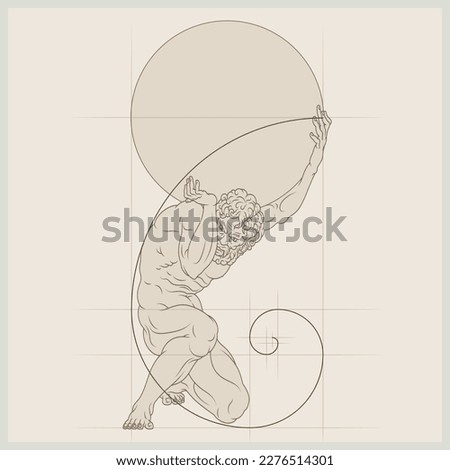 Vector design of titan Atlas holding a sphere, sketch drawing of atlas with gold spiral