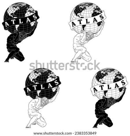 Vector design of Titan Atlas holding the planet Earth, Greek mythology titan holding the Earth sphere, surrounded with ribbon