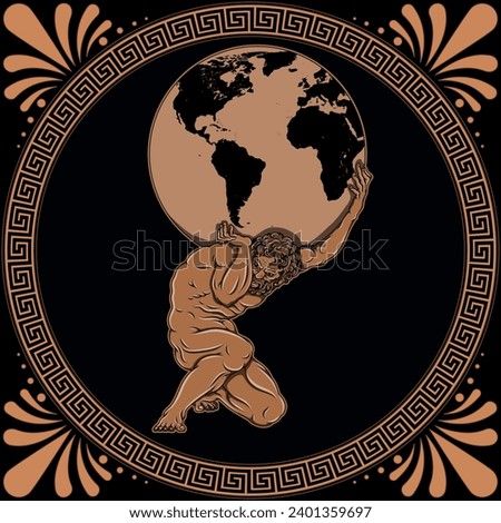 Vector design of Titan Atlas holding planet Earth, ancient Greece amphora art, Greek mythology titan