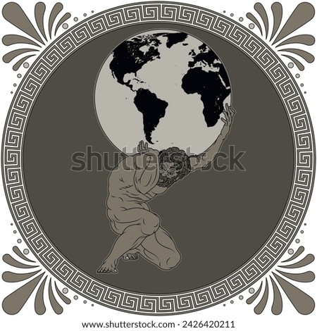 Vector design of Titan Atlas holding planet Earth, ancient Greece amphora art, Greek mythology titan